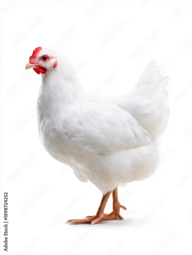 Fototapeta premium A beautiful white chicken stands proudly. This image captures the essence of farm life. Ideal for food blogs or agricultural themes. Perfect for showcasing poultry or livestock. AI
