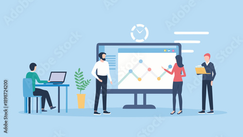 Vector illustration of business people analyzing data on a large screen, coworkers collaborating, infographic graph, for presentation or website, isolated on transparent background, png
