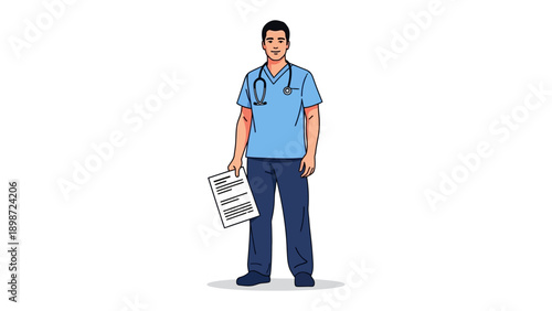 Healthcare Provider: A medical professional, with stethoscope, confidently holding medical documents, in medical scrubs.