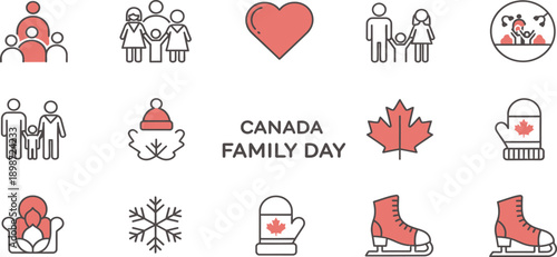 Canada family day icon collection with winter sports and symbols