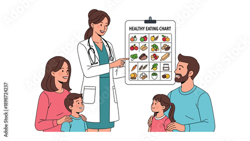 Healthy Eating Guide: A caring health expert provides nutritional guidance for a family, emphasizing healthy eating habits and well-being.
