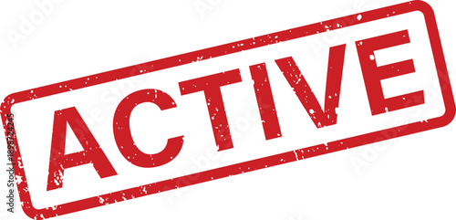 A vivid red grunge rubber stamp prominently features the word ACTIVE diagonally on a pristine white background