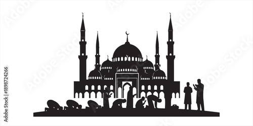 Muslim people praying together on mats with crescent moon and stars icons in black silhouette