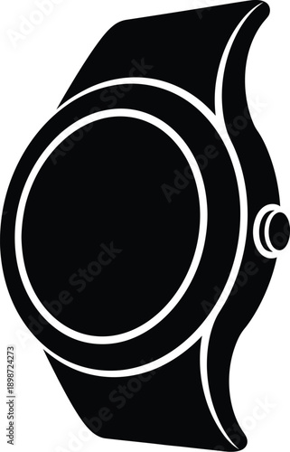 A simple black silhouette icon of a modern circular smartwatch viewed from an angle.