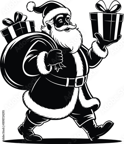 Santa Claus carrying gifts and a sack black and white Christmas