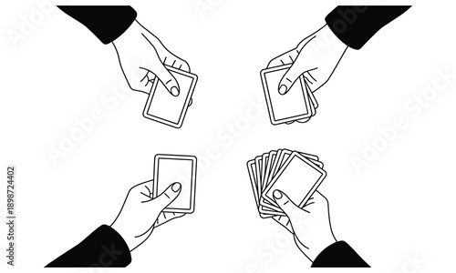 Hands holding cards in different positions for card tricks or games illustrated in simple black and white styles.