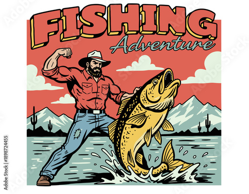 Fishing adventure graphic print design for t-shirt and apparel. Strong fisherman catching big fish artwork. Retro outdoor sports poster design. Vintag