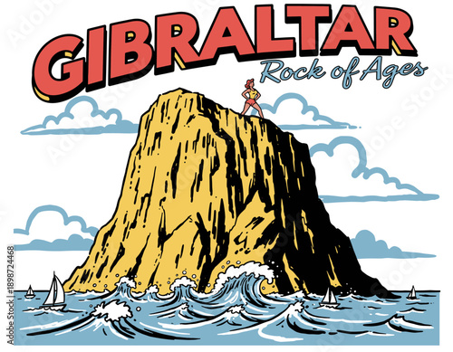 Gibraltar Rock of Ages vintage artwork. Mediterranean sea vacation travel design. Coastal summer resort poster graphic print. Ocean wave mountain clif