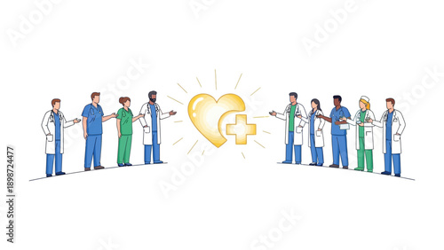 Healthcare Professionals: A dedicated ensemble of medical professionals, united in their mission, extending their hands towards a glowing heart, representing the essence of care, health.