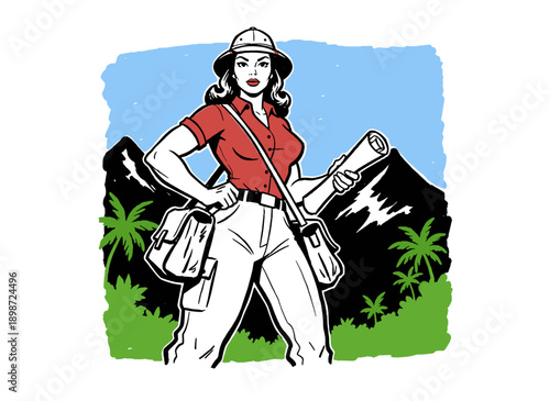 Vintage explorer artwork for t-shirt design. Pin up safari girl graphic print. Retro jungle adventure vector illustration. Strong female traveler char