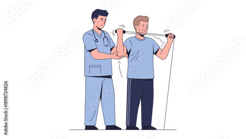 Physical Therapy Session: A compassionate therapist guides a patient through an exercise using resistance bands, promoting healing and mobility