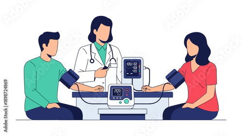 Blood Pressure Checkup: A professional health checkup, with a doctor monitoring the blood pressure of a couple in a clinic. A medical examination, representing healthcare and patient wellness.