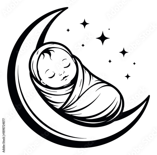 Hand drawn line art illustration of a baby on a crescent moon depicting sleeping peacefully with stars for baby shower designs