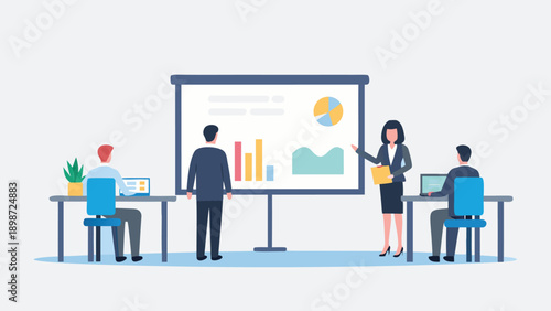 Vector illustration of business team in meeting, woman presenting on whiteboard with graphs and charts, colleagues working on laptops, for presentation or website mockup, 