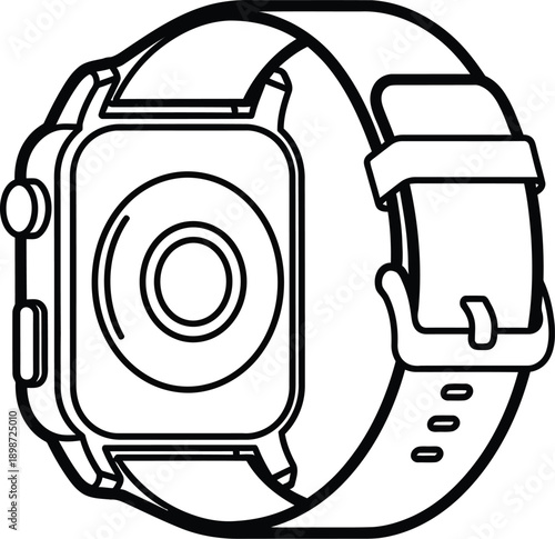 A line art illustration of a smartwatch seen from the back, detailing the sensor array and watch band.