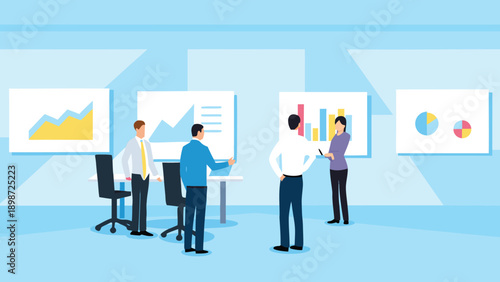 Vector illustration of business people discussing data charts and graphs in meeting room, for presentation or website