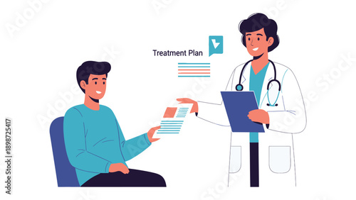 Treatment Plan Consultation: A doctor explains the treatment plan to a patient, fostering a conversation about health and medical care.