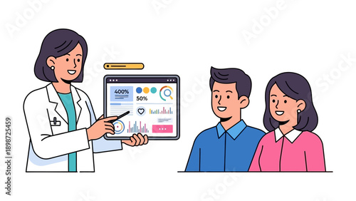 Medical Consultation: A healthcare professional points to information on a tablet, consulting with a couple to explain their health report.