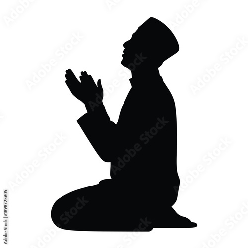 Silhouette of a person in traditional attire engaged in prayer. isolated on white background, Vector, illustration