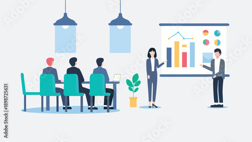 Vector illustration of business meeting with presentation, bar chart, and people sitting around a table, for website, banner, or marketing material, Isolated on transparent background, png