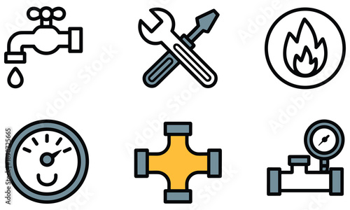 Plumbing maintenance icons representing tools and fixtures for water management and repair services in a simple graphic style suitable for websites and applications.