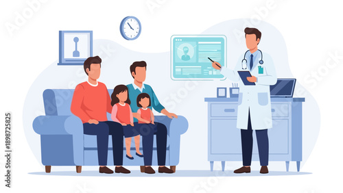 Medical Consultation: A doctor engages in a thorough consultation with a family, examining their health records in a comfortable clinical setting.
