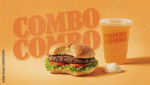 A delicious burger and beverage combo presented against a vibrant orange background for advertising high quality