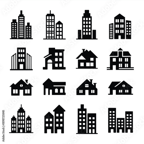 A collection of diverse buildings and houses in various architectural styles isolated on white background, Vector, illustration