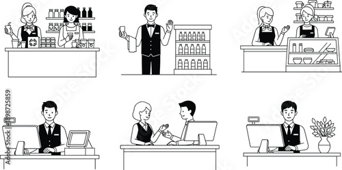 Customer service illustrations, retail workers, cashier desk, consultation, hospitality staff, teamwork, professional service roles in business environment