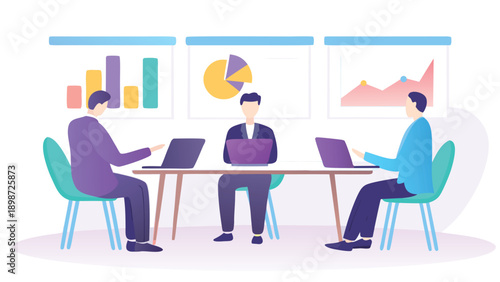 Three business professionals working on laptops with data analysis graphs on screens, meeting or presentation, for website, banner, or marketing material, vector illustration