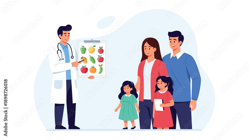 Fototapeta premium Healthy Family Consultation: A friendly healthcare provider offers dietary advice to a family, emphasizing the importance of wholesome foods for a balanced lifestyle and well-being.
