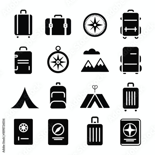 Collection of travel and camping related icons in a grid format isolated on white background, Vector, illustration