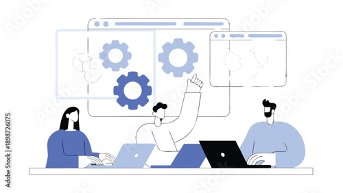 Vector illustration of three people working on laptops with gear icons, for website or presentation, isolated on transparent background, png
