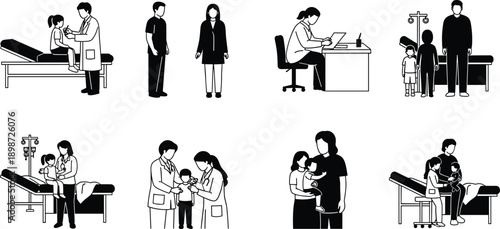Pediatric healthcare illustration, children with doctors, medical examination scenes, hospital environment, patient care, clinical consultation, healthcare professionals