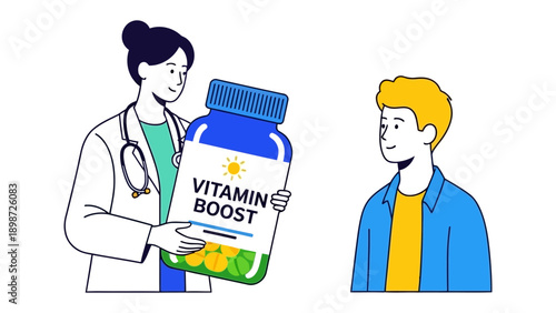 Health Guidance Illustration: A doctor advises a patient, presenting a bottle of Vitamin Boost, symbolizing health advice. This illustrative image is tailored for health and wellness visuals.