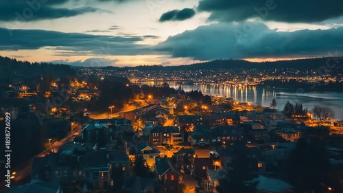 Stunning drone view of Portland's hills illuminated at night showcasing city lights and serene landscapes, Beautiful Drone Over Hills, View Of Portland At NIght