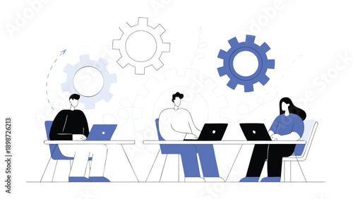 vector illustration of three people working on laptops at a table with gear icons, for business or teamwork concept, isolated on transparent background, png