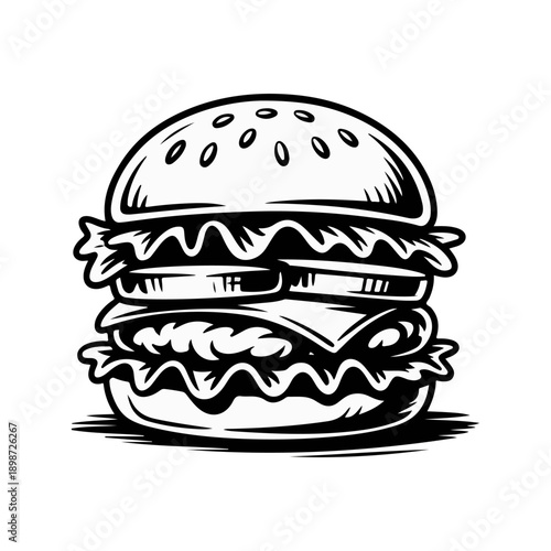 Beef Burger Sketch Vector Illustration of Classic Cheeseburger with Lettuce and Tomato in Line Art