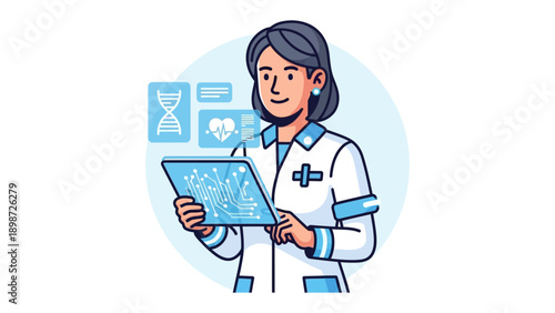 Digitally Empowered Healthcare: A female healthcare professional, clad in a crisp white coat, utilizes a tablet to analyze patient data, showcasing the convergence of technology and medical expertise.