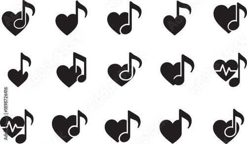   Heart music note minimal flat vector icon set for Valentine’s Day, love theme design elements, EPS.