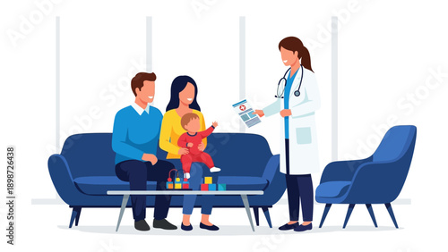 Healthcare Consultation: A family of three consults with a friendly physician in a bright, modern clinic setting, the doctor reviewing a medical chart.
