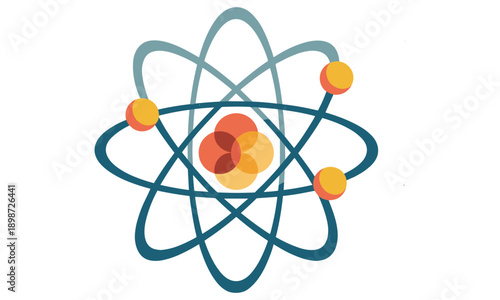 Simplified illustration of an atom showing electrons orbiting the nucleus with colorful particles representing protons neutrons and electrons in a modern flat design style.