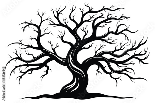 bare tree with twisted branches line art silhouette vector illustration