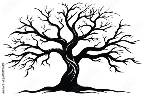 bare tree with twisted branches line art silhouette vector illustration