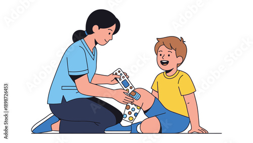 Caring for Wounds: A compassionate healthcare worker gently bandages a young boy's injured knee, providing comfort and care. 