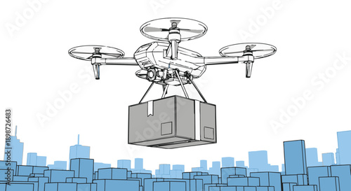 Drone flying over cityscape with package delivery box attached below