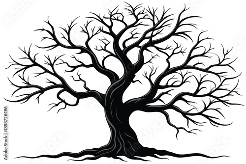 bare tree with twisted branches line art silhouette vector illustration