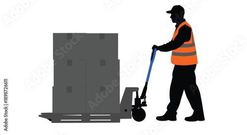 Man in orange vest pushing a dolly with a large gray box on it