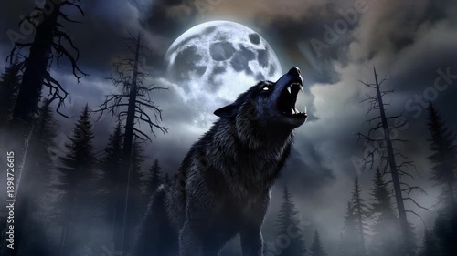 Wallpaper Mural Wolf howls at full moon in dark forest with trees and fog Torontodigital.ca