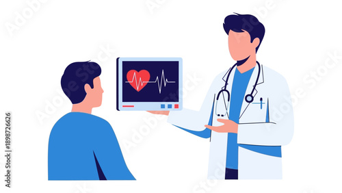 Healthcare Consultation: An illustration depicts a medical doctor consulting with a patient, examining a monitor displaying a vital heart rhythm
